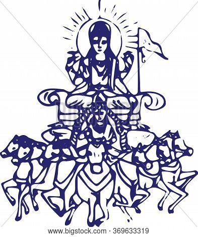 Sketch Of Lord Surya Deva Or Surya Riding A Horse Editable Vector Outline Illustration