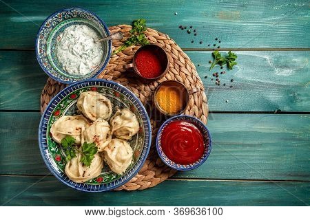 Homemade Uzbek Dish Boiled Manti Or Manty. Chuchvara Dumpling Typical Of Central Asian Cuisine, Trad