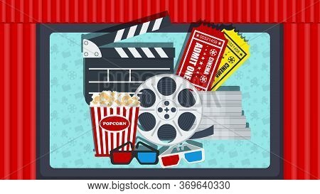 Cinema Poster Template. Red Curtain On Stage Of Theater. Screen, Premiere Of Film. Row Of Soft Red A
