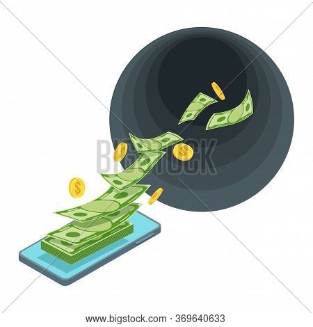 Mobile Expenses. Costs Of Internet And Telephony. Black Hole Money. Money From Phone Flies Into A Bl
