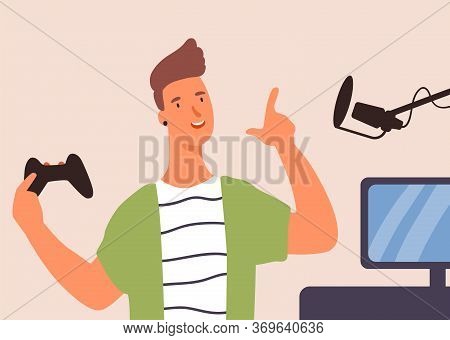 Friendly Gamer Guy Hold Joystick Talk At Microphone Vector Flat Illustration. Hipster Male Streamer 