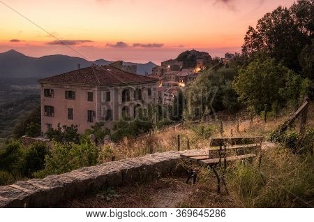 Sunset Over The Village Of Belgodere In Corsica