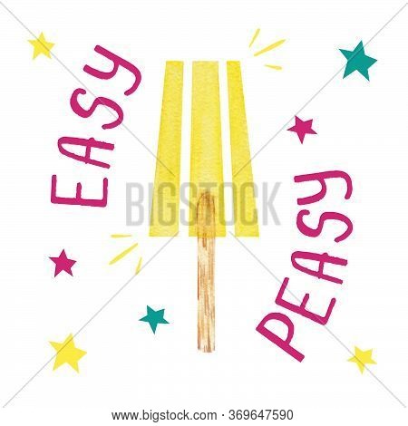 Hand Drawn Watercolor Lemon Ice Cream, Popsicle Illustration Isolated On White Background. Lettering