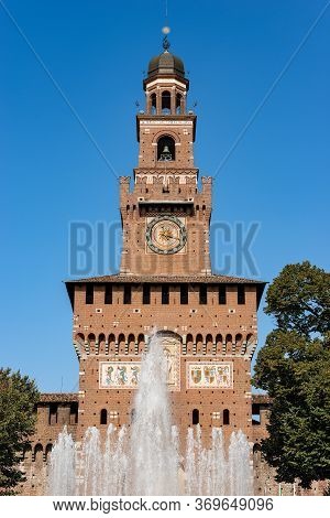 Castello Sforzesco. Closeup Of The Main Facade Of The Sforza Castle (xv Century), Clock Tower And Fo