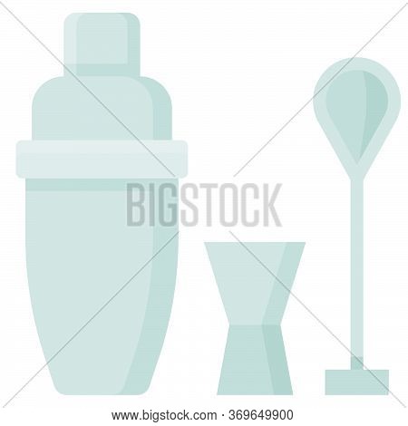 Bartending Equipment Flat Icon, Shaker Jigger And Bar Spoon