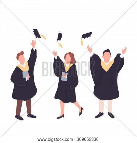 University Graduates Flat Color Vector Faceless Characters Set. Happy Students Throwing Bachelor Cap