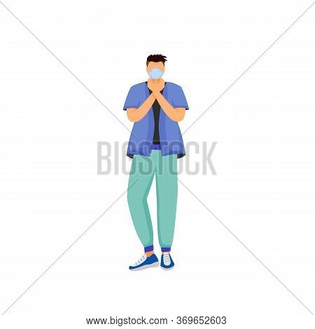 Man In Respiratory Mask Flat Color Vector Faceless Character. Male Patient With Mouth Protection. Pe
