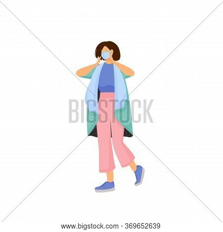 Woman In Face Mask Flat Color Vector Faceless Character. Mouth Protection From Dirty Air. Influenza 