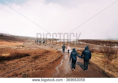 Geyser Valley In The Southwest Of Iceland. The Famous Tourist Attraction Geysir. Geothermal Zone Hau