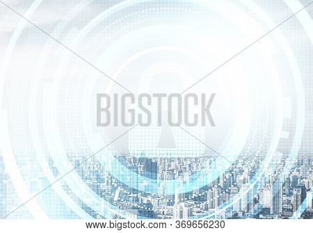 Global Cybersecurity Mixed Media With Virtual Locking Padlock On Cityscape Background. Data Cryptogr