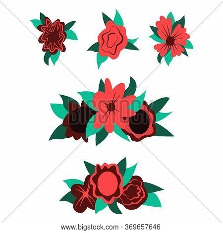 Set Of Simple Hand Drawn Vector Flowers For Dia De Los Muertos, Traditional Mexican Halloween Decora