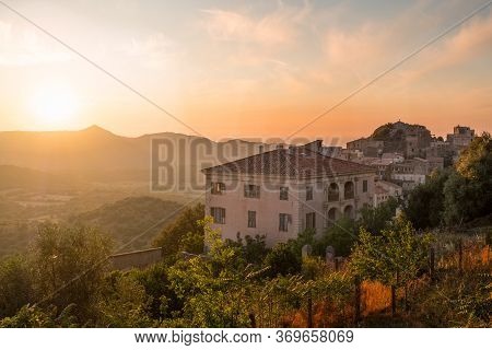 Sunset Over The Village Of Belgodere In Corsica