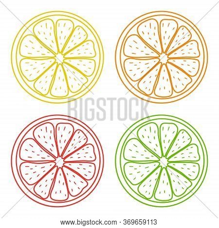 Set Of Juicy Citrus Icons. Lemon, Orange, Grapefruit, Lime. Stock Vector Illustration. Simple Style.