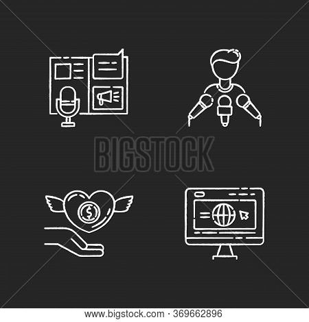 Public Relation Chalk White Icons Set On Black Background. Advertorial Press Release. Spokesperson W