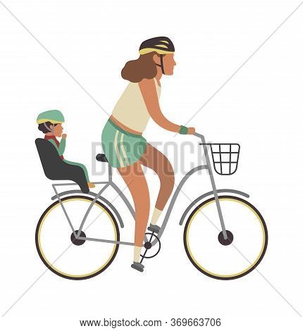 Woman And Child On Bicycle. Young Happy Mother With Baby Riding Vector Family Travel Activities Illu