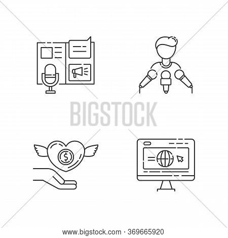 Public Relation Pixel Perfect Linear Icons Set. Advertorial Press Release. Spokesperson With Microph