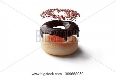 3D rendering.  Chocolate donut with chocolate icing and sugar sprinkles floating . Exploded view. Concept image for seeing in components, layers or stacking elements.  