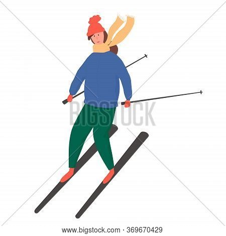 Young Happy Girl Riding On Ski Vector Flat Cartoon Illustration.