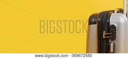 Close Up Travel Bag With Zipping Number Code Locked. Close-up Of Silver Suitcase Number Code Lock On