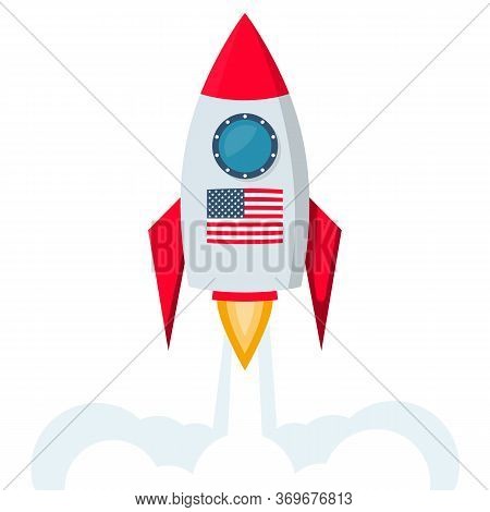 Spacecraft Launch. Flag Of The United States. Space Center. Vector Illustration Flat Design. Isolate