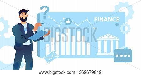 Finance Analysis Concept With Bearded Male Character, Graph, Icons, Gears. Vector Illustration With 