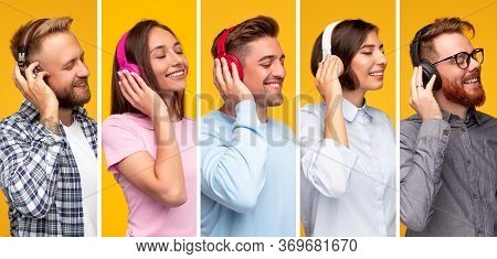 Collage Of Glad Diverse Audiophiles Smiling And Keeping Eyes Closed While Enjoying High Resolution A