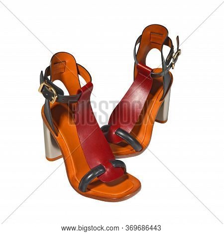 Stylish Summer High Heels Female Orange Brown Leathershoes. Isolated On White Background