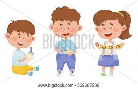 Children Holding Scissors And Doing Paper Craft Vector Illustrations Set