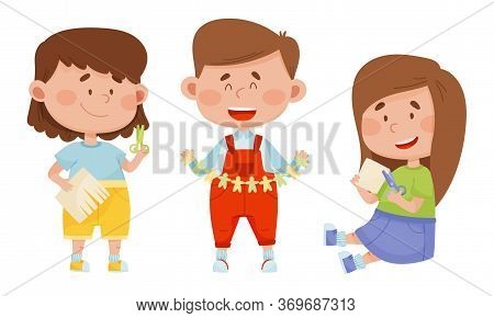 Children Holding Scissors And Doing Paper Craft Vector Illustrations Set