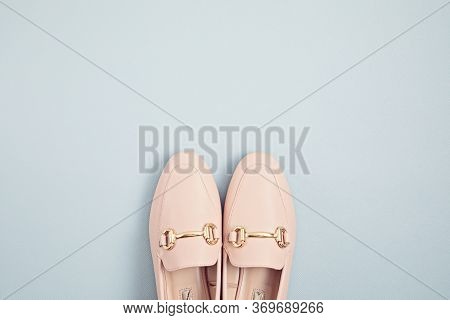 Woman Pink Pastel Shoes Over Blue Background. Fashion Blog, Sprind And Summer Urban Style, Online Sh