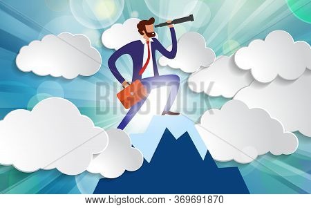 Effective Manager Looks Into Telescope Into Distance Trying To Predict Future. Businessman Standing 