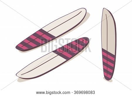 Set Of Isometric Surfboard In Various Foresortening Views Like Standing, Lying Down Stand Up Paddle 