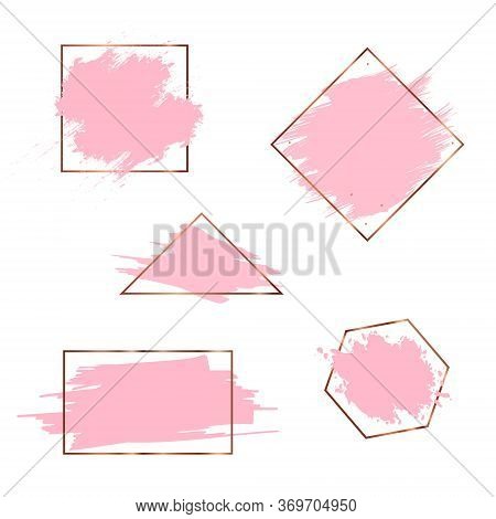 Set Of Pink Brush Strokes In Gold Frames Isolated On White. Vector Illustration Eps 10. Square, Tria