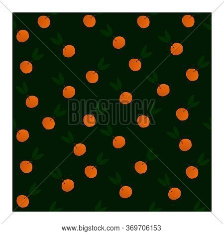 Seamless Pattern With Orange Mandarin Citrus Fruit With Green Leaves On A Dark Background.