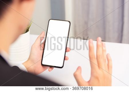 Work From Home, Back View Of Asian Young Businessman Smile Wearing Suit Video Conference Call Or Fac