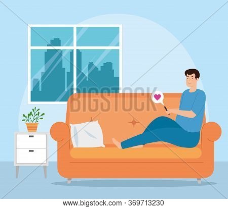Campaign Stay At Home With Man In Living Room Chatting In Smartphone Vector Illustration Design