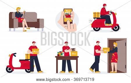 Food Fast Delivery And Online Store Parcels Shipping Set With Deliver And Customer Cartoon Character