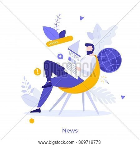 Bearded Man Sitting On Chair And Reading Daily Newspaper. Concept Of Printed Mass Media, Internation