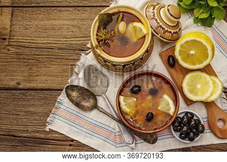 Hodgepodge, Hot Soup Served In Traditional Ceramic Bowl And Pot. Classical Eastern Europe Dish