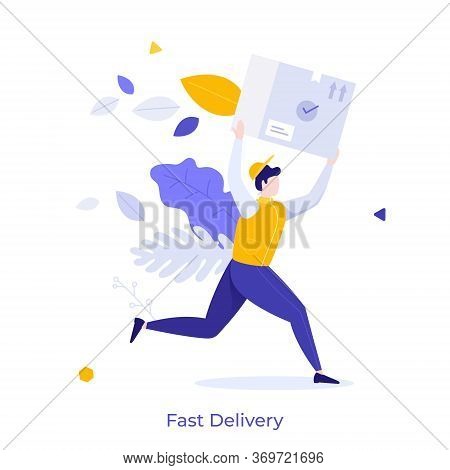 Courier, Postman Or Mailman Carrying Box, Package Or Parcel. Concept Of Fast Delivery Of Goods Or Pr