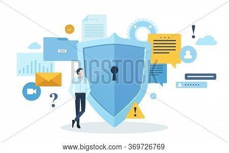 Man Stands Leaning On Giant Shield With Keyhole Against Various Data Symbols On Background. Concept 