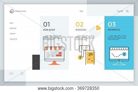 Website Or Web Page With 3 Rectangular Elements, Linear Icons And Place For Text Or Description. Com