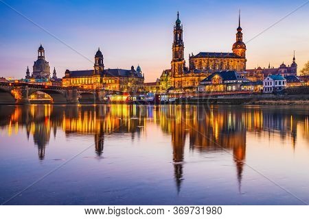 Dresden, Germany. Cathedral Of The Holy Trinity Or Hofkirche, Bruehl's Terrace. Twilight Sunset On E