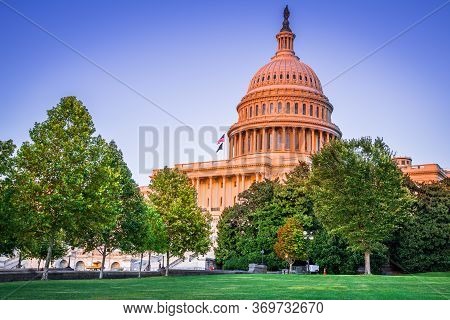 Us Capitol In Washington Dc During Evening, United States Of America.