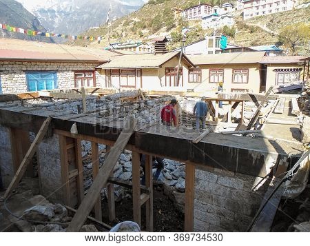 Sherpas Constructing Their Traditional House In Namche Bazar, Nepal