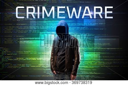 Faceless hacker with CRIMEWARE inscription on a binary code background