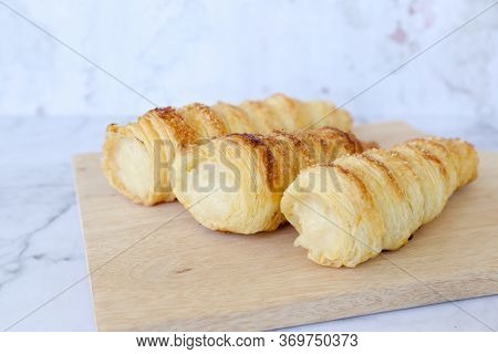 Horn Pastry Cake With Vla Or Vanilla Custard Filling. Homemade Cumcum Cake Filled With Cream