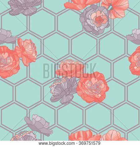 Vector Flowers On Hexagonal Background Seamless Pattern Print