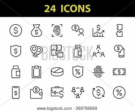 Set Of Business Vector Line Icons. It Contains User Symbols, Dollar Pictograms, Gears, Briefcase, Pu