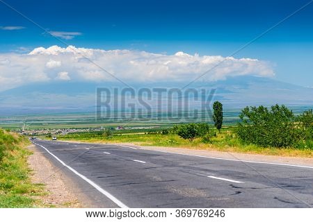 Highway, Fields And Ararat Behind The Clouds, Landscape Of Yerevan